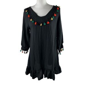 a Shappe Black Boho Tunic Top Blouse Small/Medium Tassels Green Fall Festival